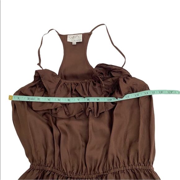 WM New York Design Brown Silk Ruffle Front Dress, Size Petite Small - Picture 9 of 13